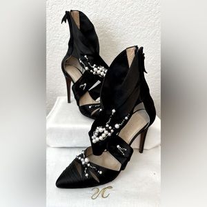 Valentina Carrano Black Satin w/ Pearl Accent Heel Sandal, Size 37
